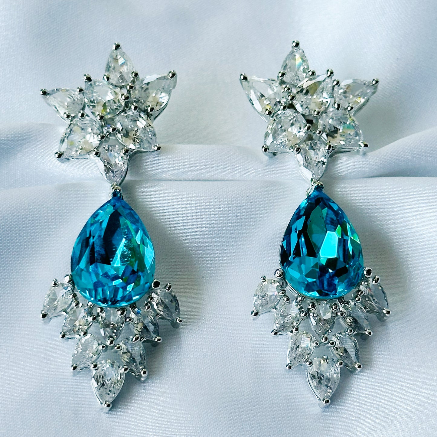 Aqua Blue Indicolite Swarovski Crystal American Diamond Silver Plated Earrings