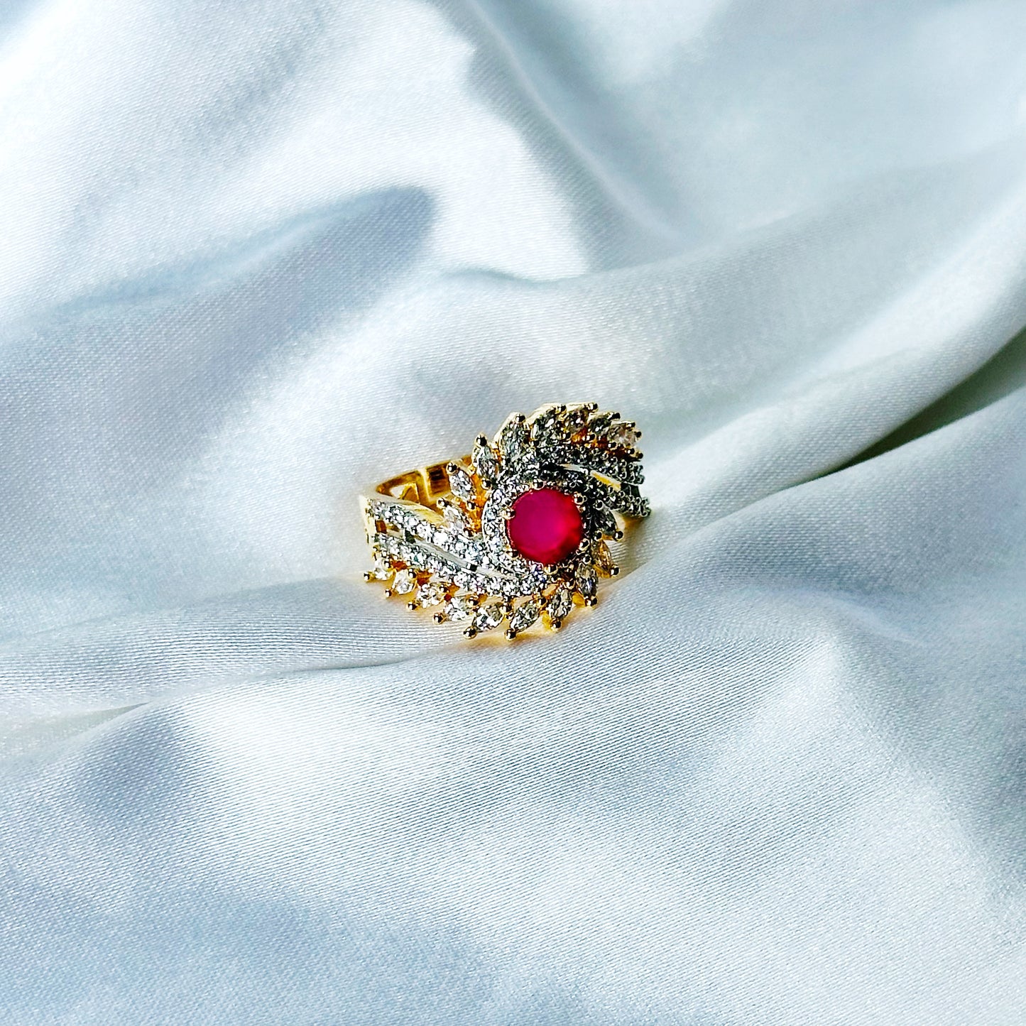 Red Ruby Cubic Zircon American Diamond Gold/Silver Plated Adjustable Ring