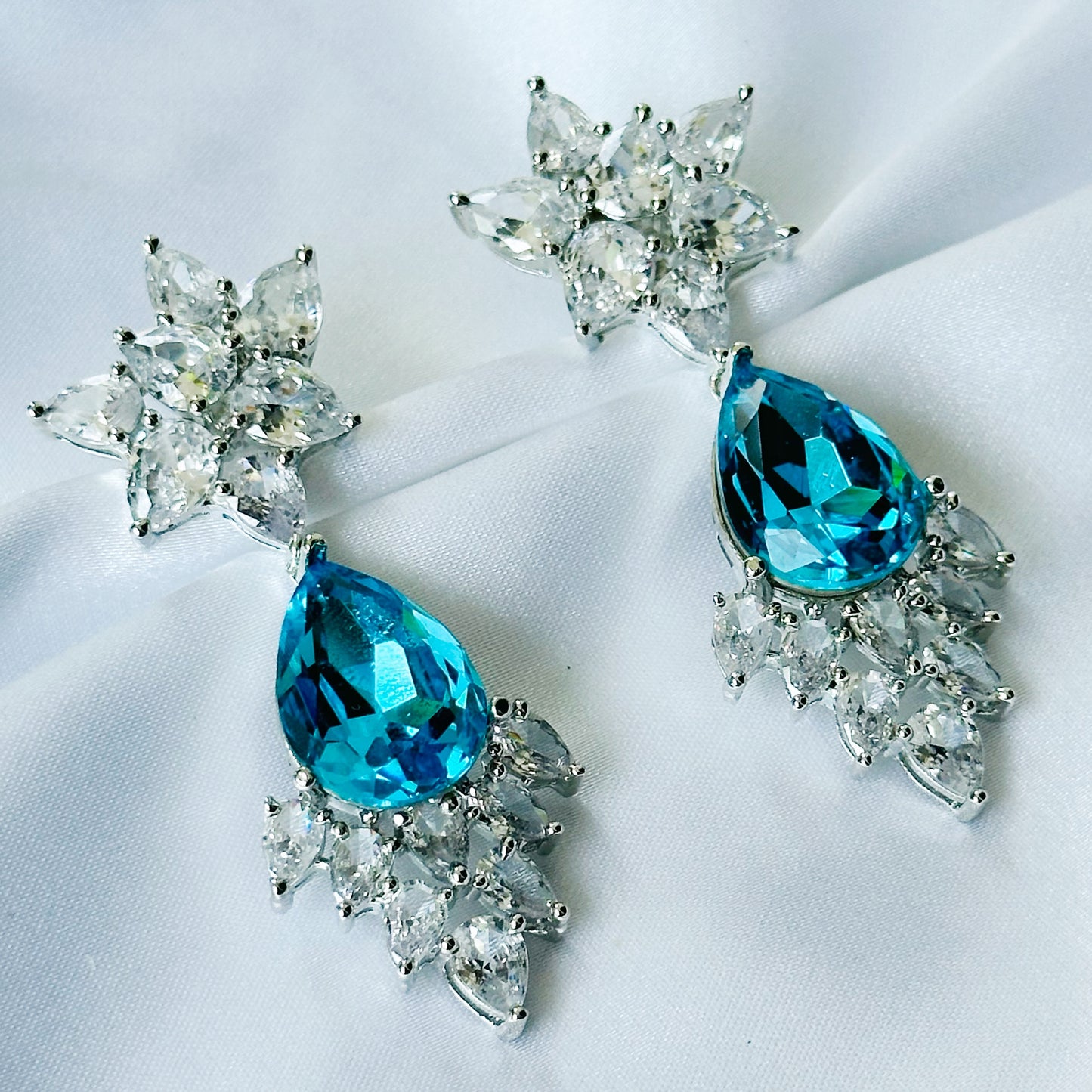 Aqua Blue Indicolite Swarovski Crystal American Diamond Silver Plated Earrings