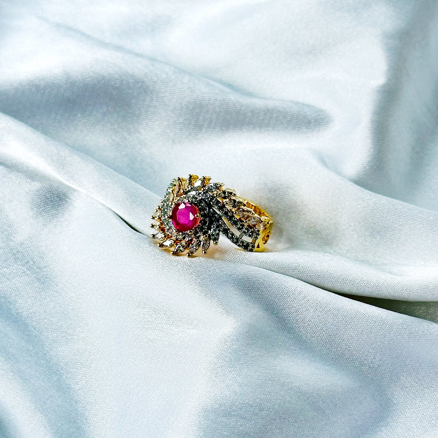 Red Ruby Cubic Zircon American Diamond Gold/Silver Plated Adjustable Ring