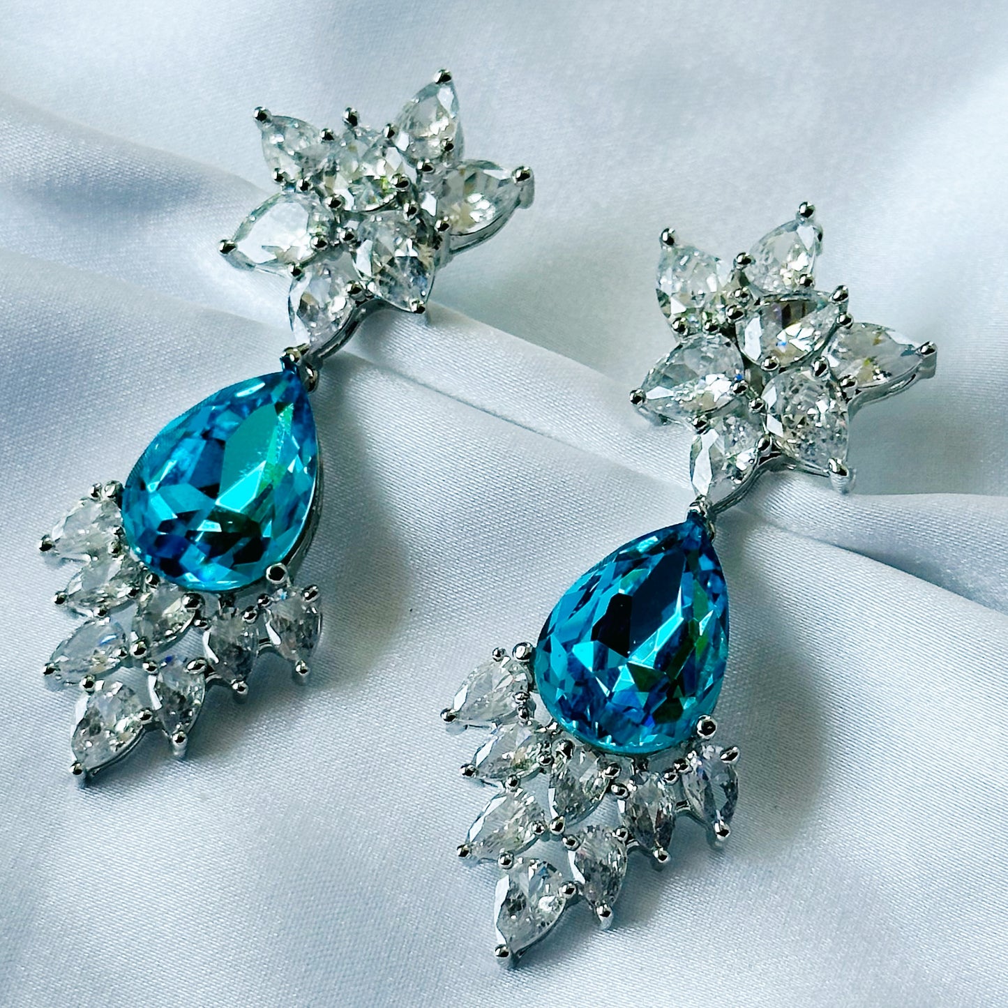 Aqua Blue Indicolite Swarovski Crystal American Diamond Silver Plated Earrings
