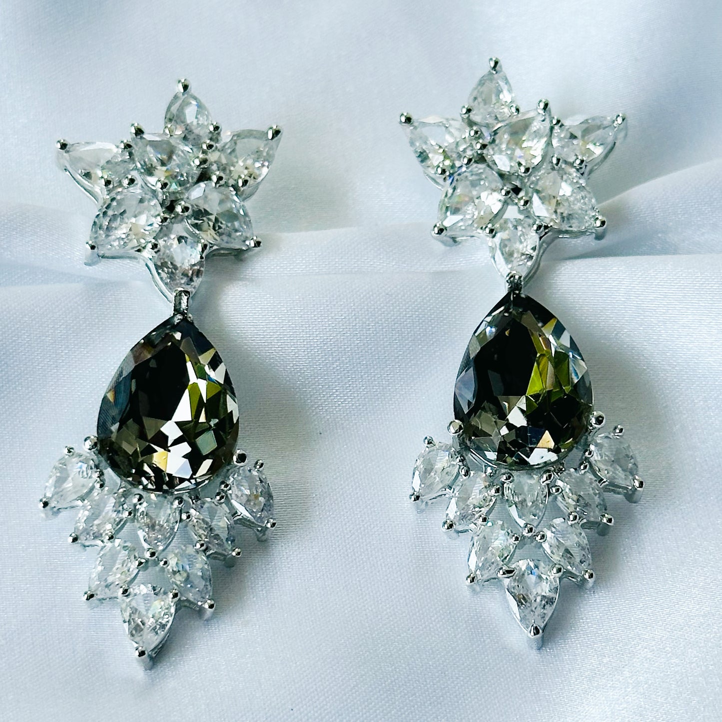 Black Morion Swarovski Crystal American Diamond Silver Plated Earrings