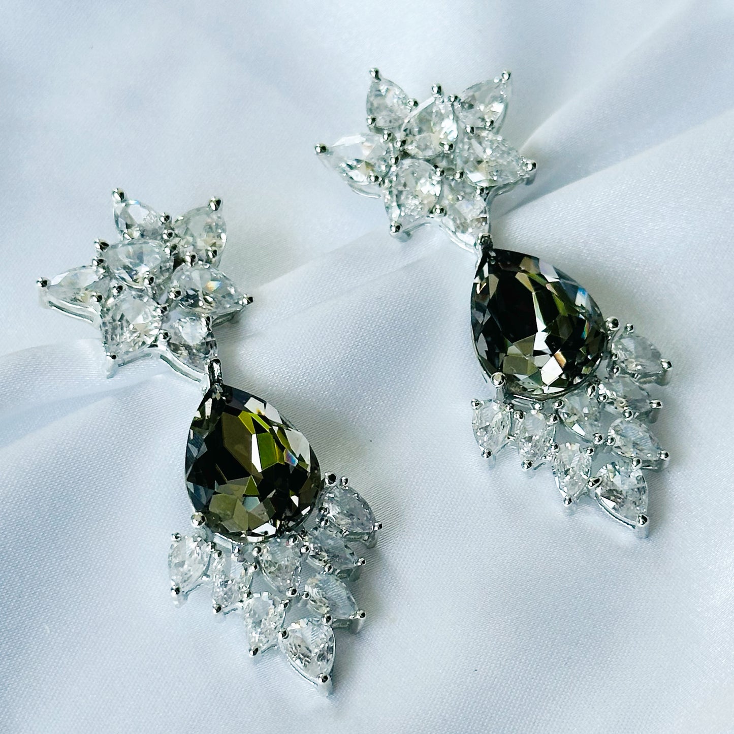 Black Morion Swarovski Crystal American Diamond Silver Plated Earrings