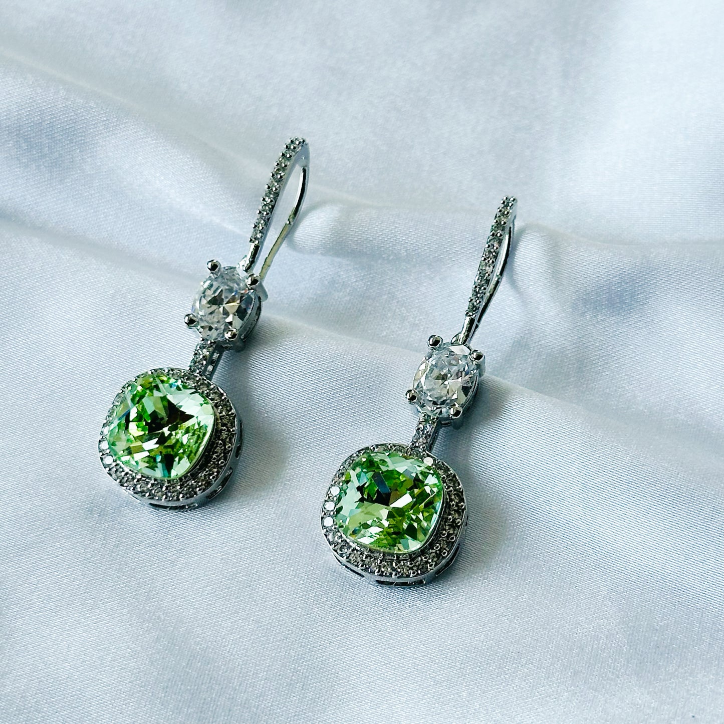Green Peridot Swarovski Crystal American Diamond Silver Plated Earrings