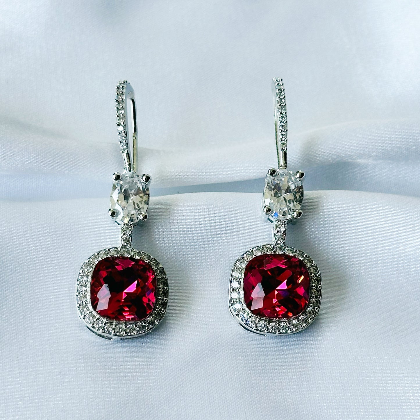 Red Siam Swarovski Crystal American Diamond Silver Plated Earrings