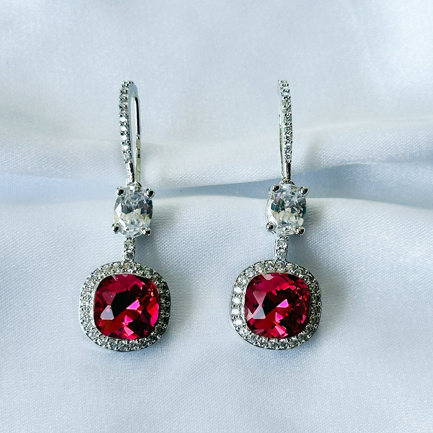 Red Siam Swarovski Crystal American Diamond Silver Plated Earrings