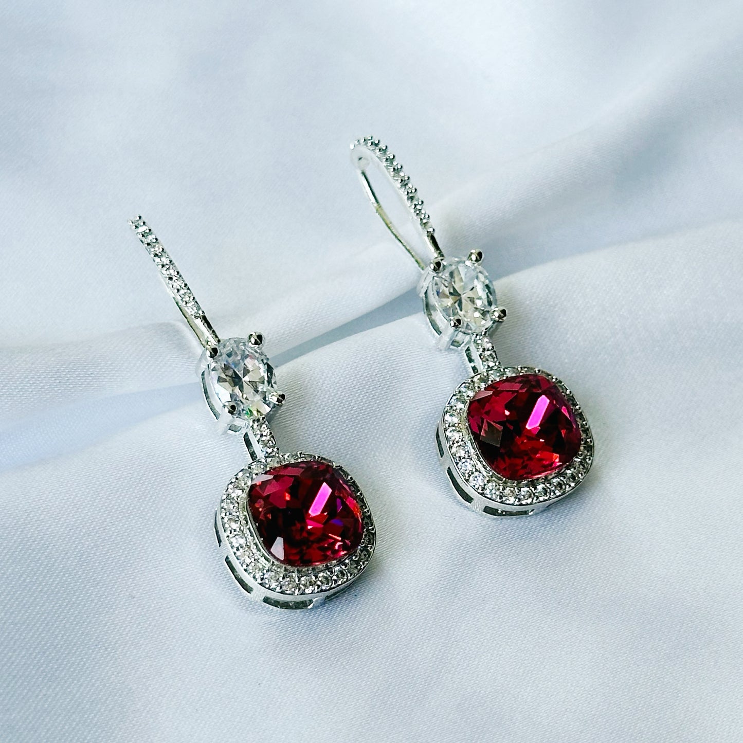 Red Siam Swarovski Crystal American Diamond Silver Plated Earrings