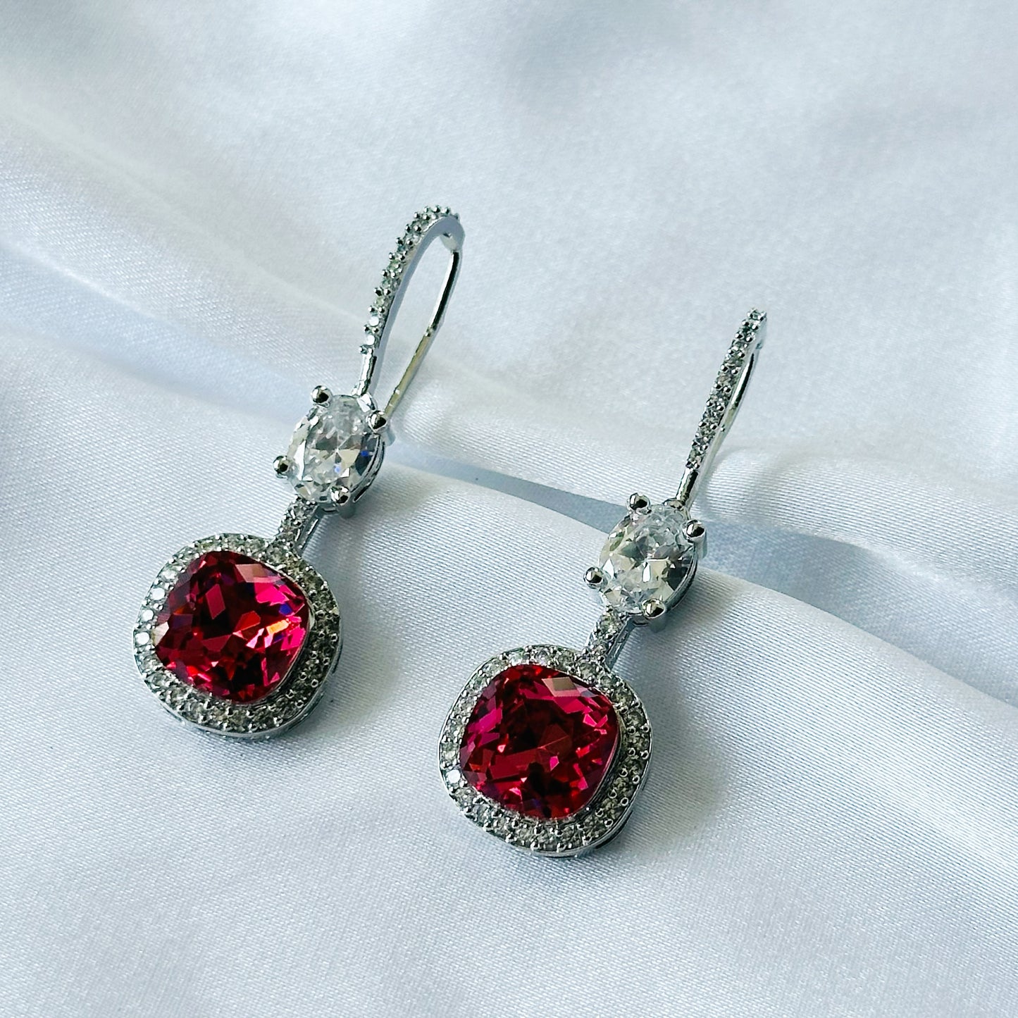 Red Siam Swarovski Crystal American Diamond Silver Plated Earrings