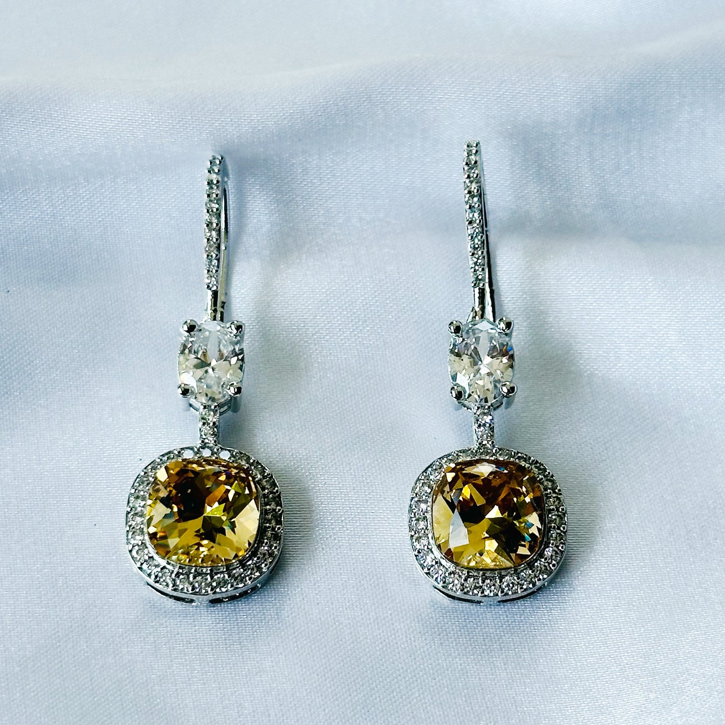 Yellow Topaz Swarovski Crystal American Diamond Silver Plated Earrings