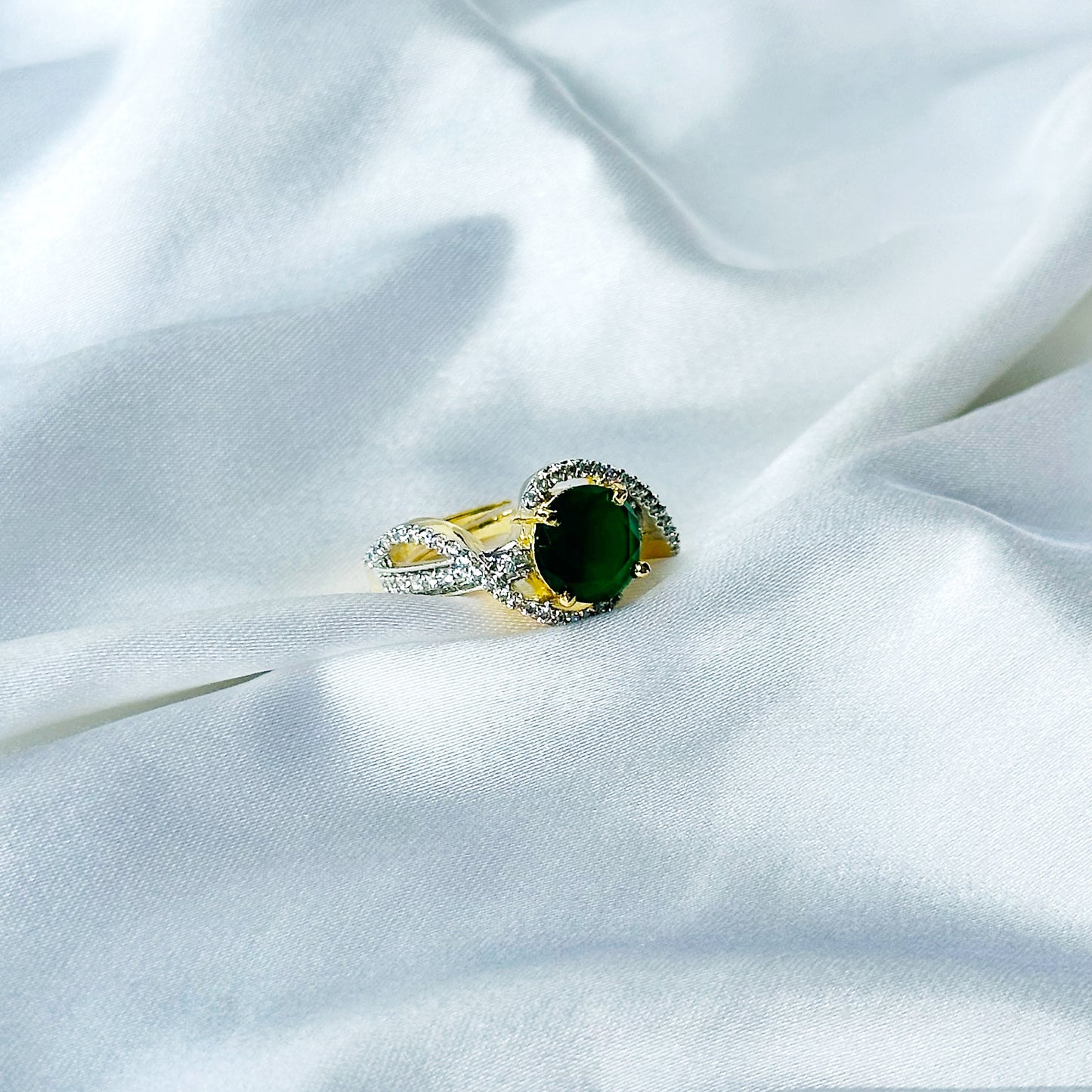 Green Emerald Cubic Zircon American Diamond Gold/Silver Plated Adjustable Ring