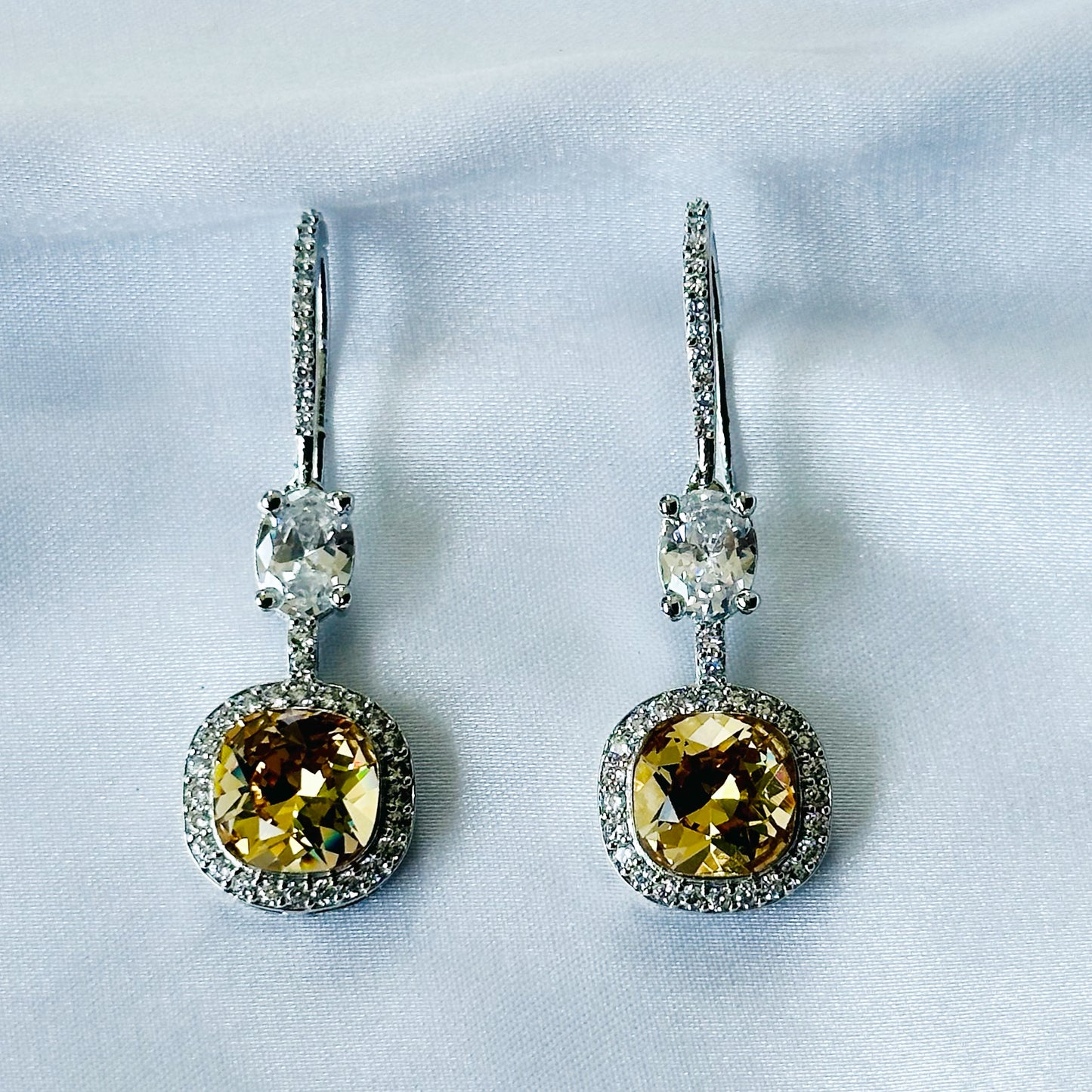 Yellow Topaz Swarovski Crystal American Diamond Silver Plated Earrings