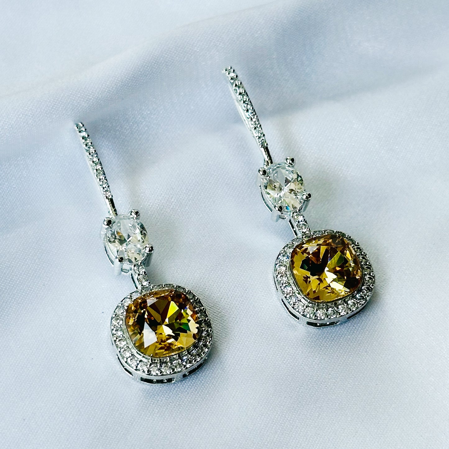 Yellow Topaz Swarovski Crystal American Diamond Silver Plated Earrings