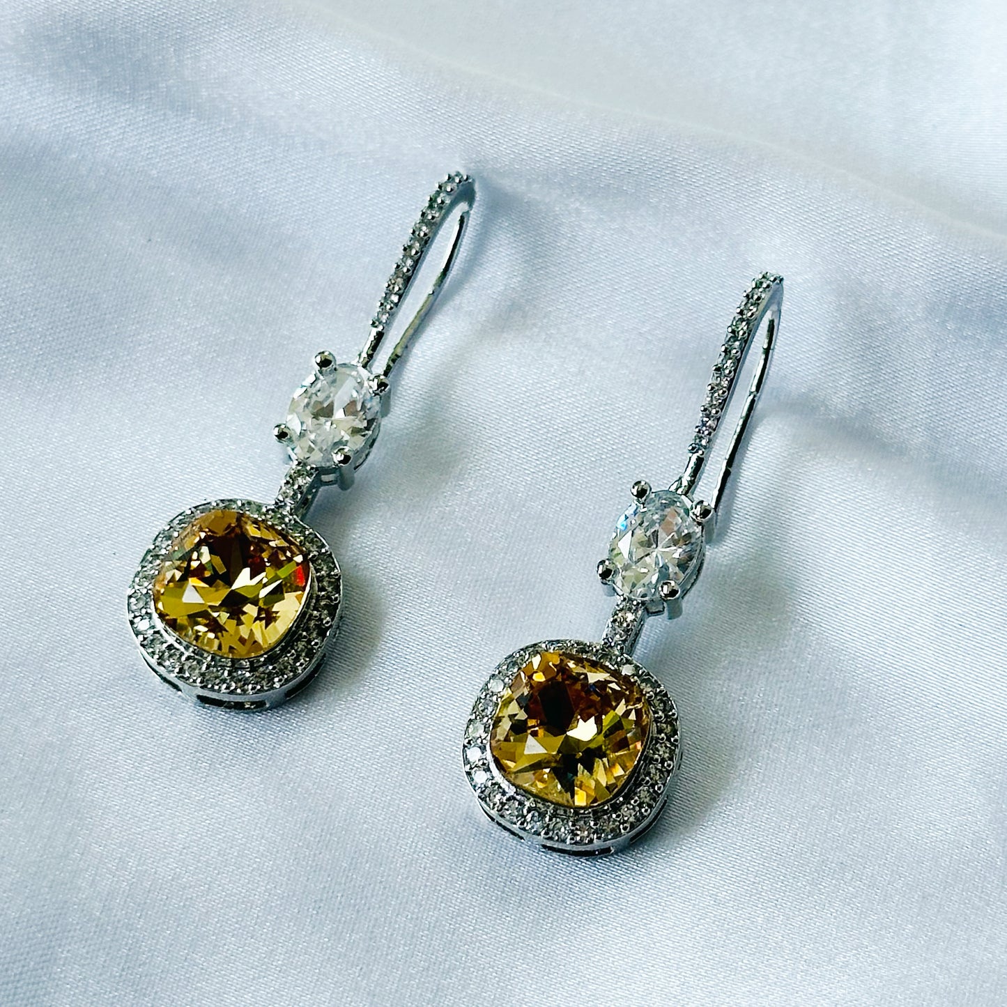 Yellow Topaz Swarovski Crystal American Diamond Silver Plated Earrings
