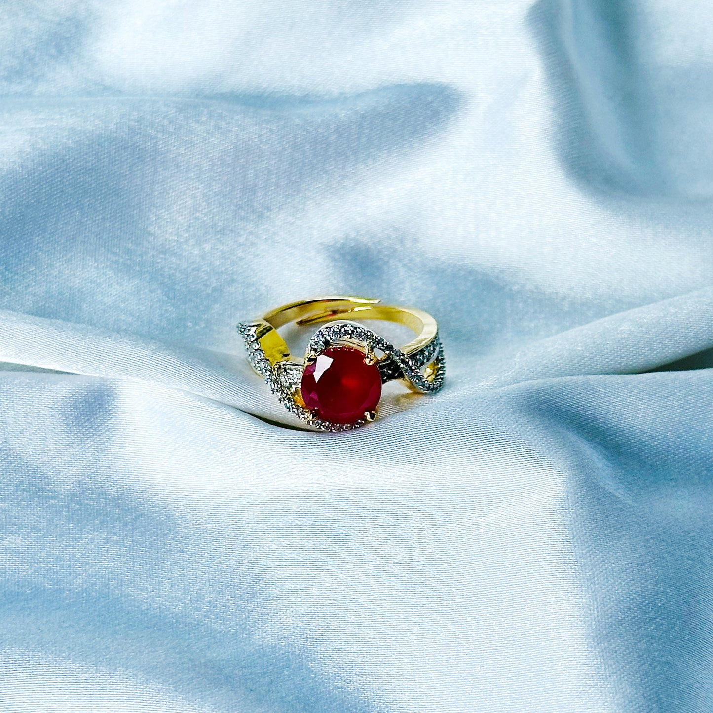 Red Ruby Cubic Zircon American Diamond Gold/Silver Plated Adjustable Ring