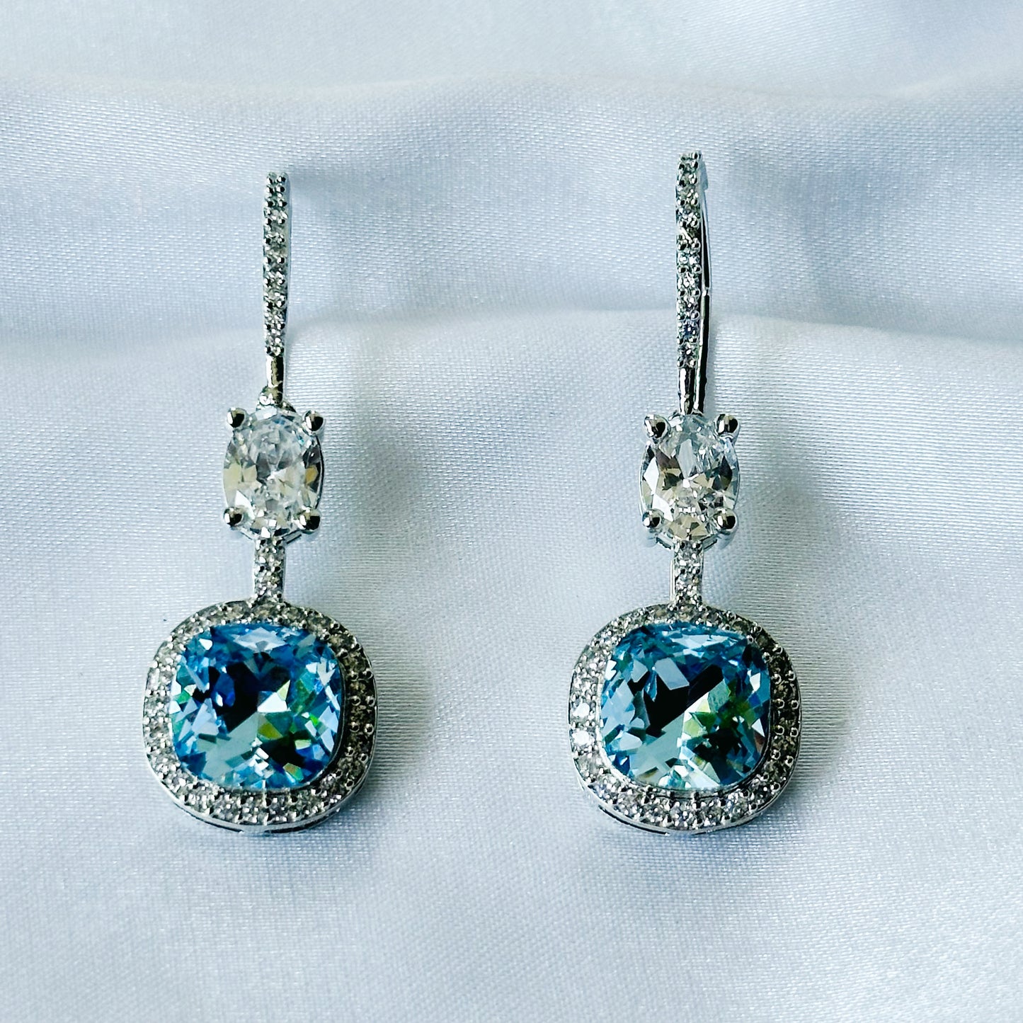 Indian Lt Blue Sapphire Swarovski Crystal American Diamond Silver Plated Earrings