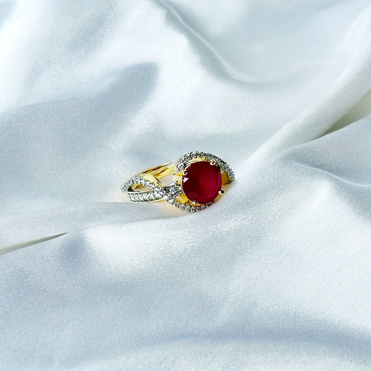 Red Ruby Cubic Zircon American Diamond Gold/Silver Plated Adjustable Ring