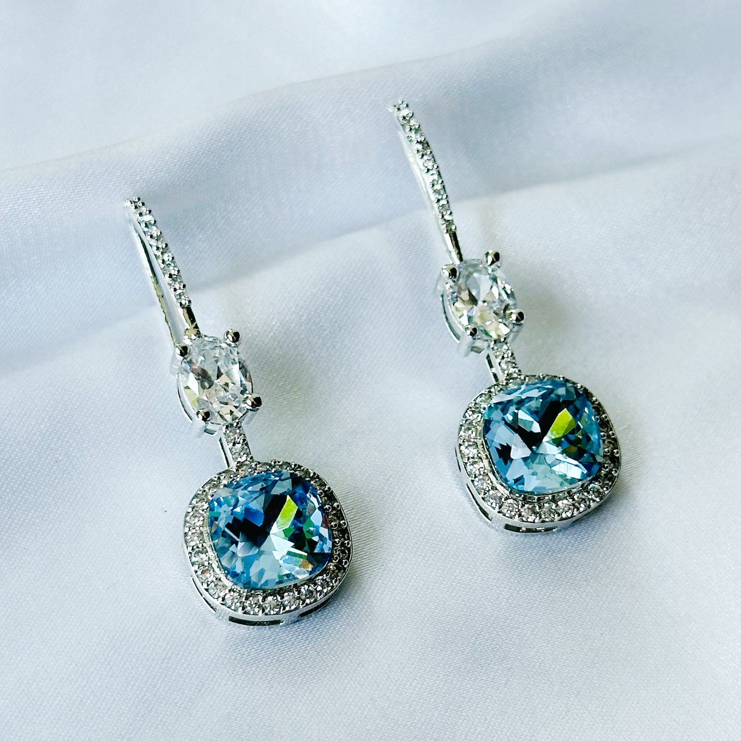 Indian Lt Blue Sapphire Swarovski Crystal American Diamond Silver Plated Earrings