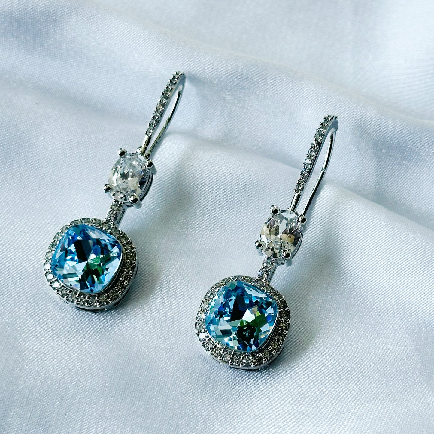 Indian Light Blue Sapphire Swarovski Crystal American Diamond Silver Plated Earrings