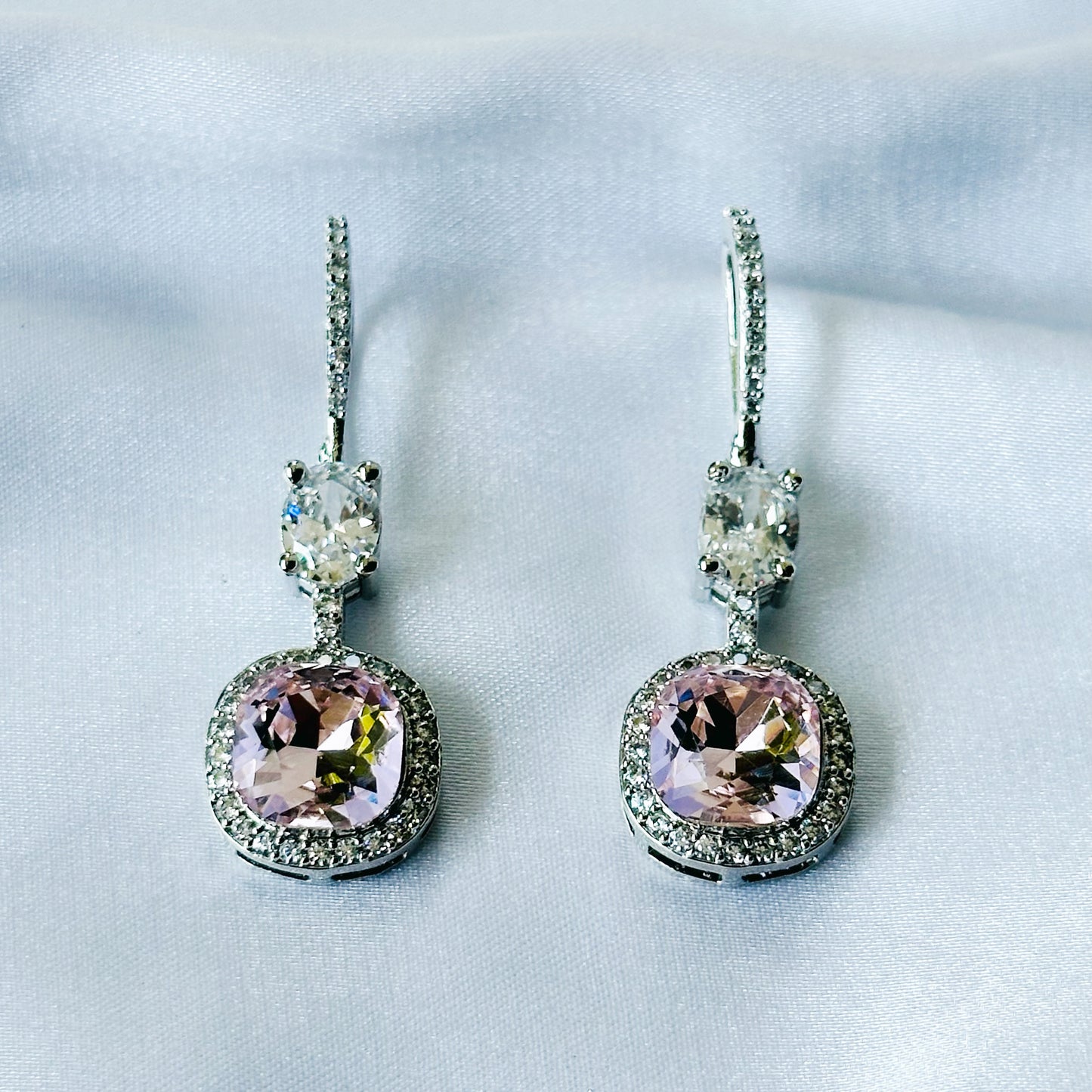 Lt Pink Rose Swarovski Crystal American Diamond Silver Plated Earrings