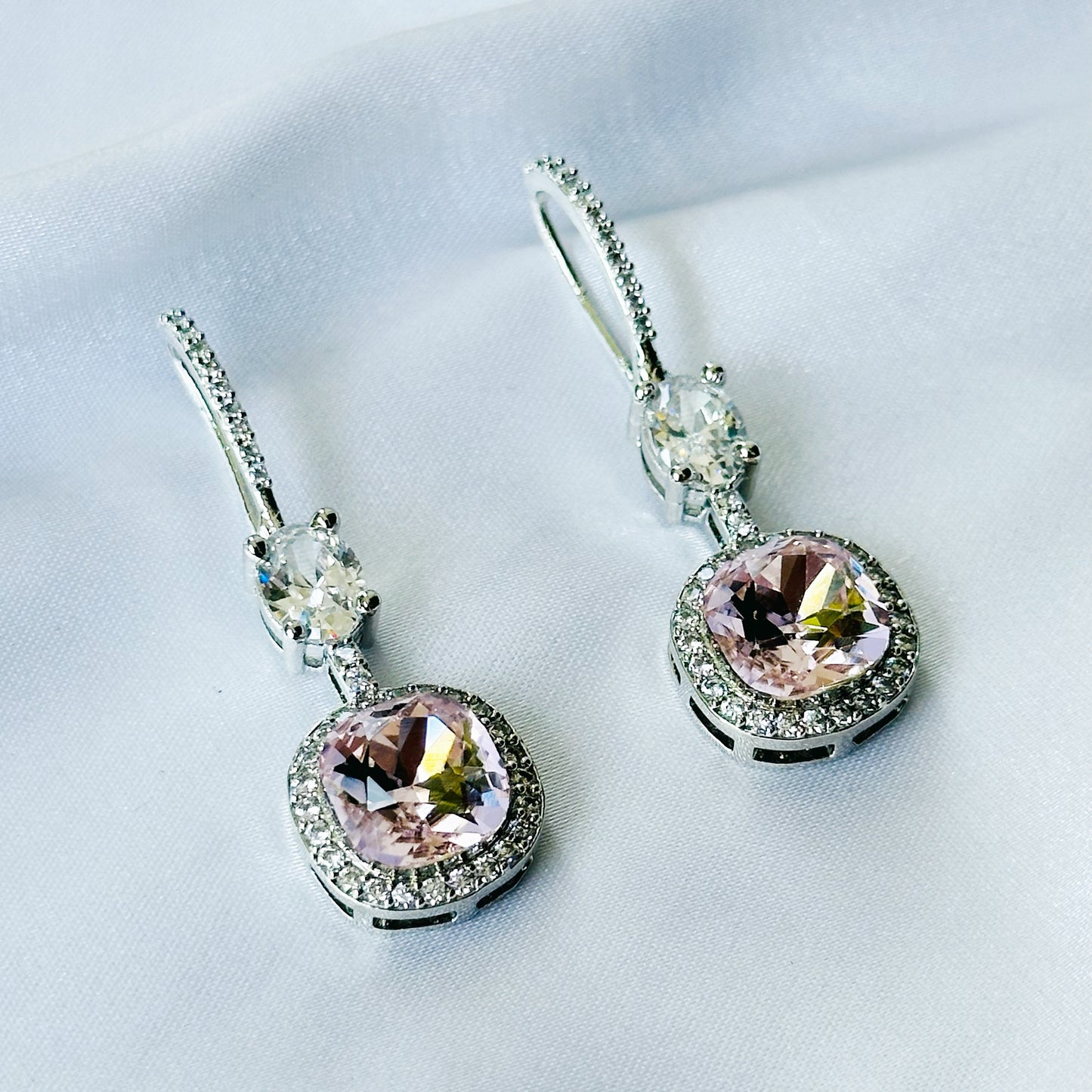 Lt Pink Rose Swarovski Crystal American Diamond Silver Plated Earrings