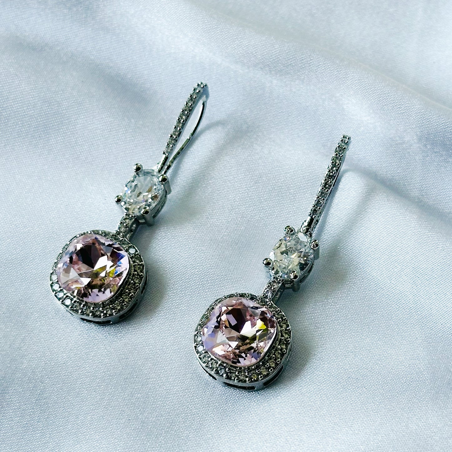 Lt Pink Rose Swarovski Crystal American Diamond Silver Plated Earrings