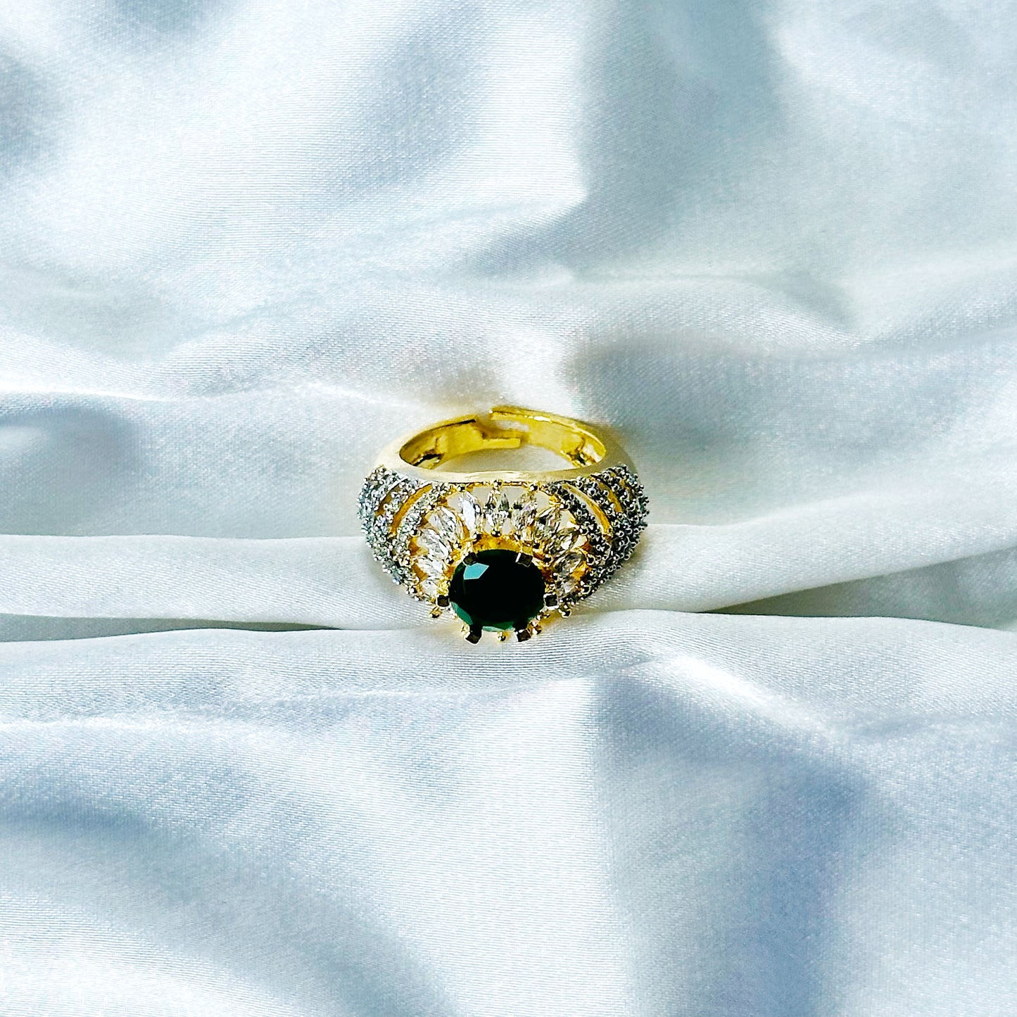 Green Emerald Cubic Zircon American Diamond Gold/Silver Plated Adjustable Ring