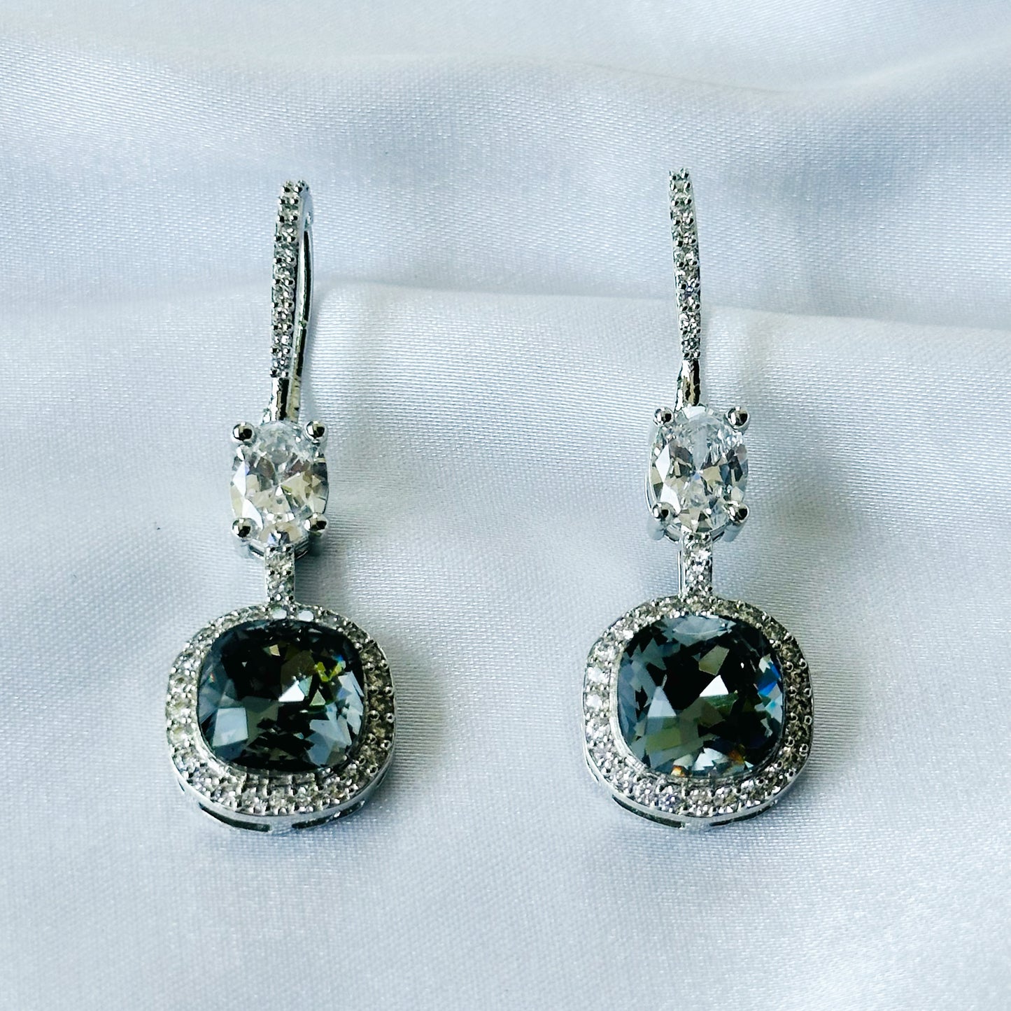 Black Morion Swarovski Crystal American Diamond Silver Plated Earrings