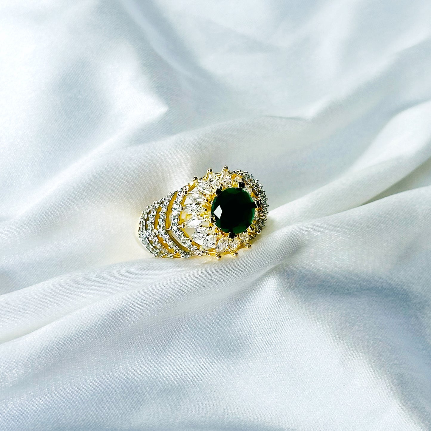 Green Emerald Cubic Zircon American Diamond Gold/Silver Plated Adjustable Ring