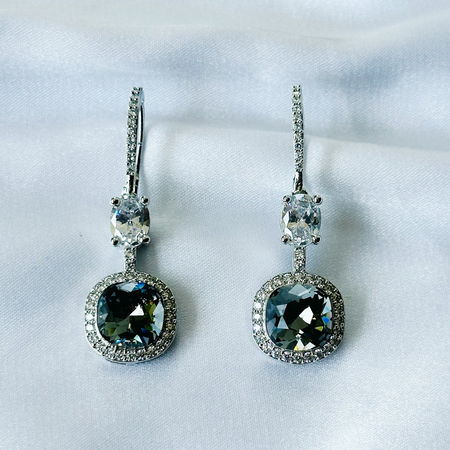 Black Morion Swarovski Crystal American Diamond Silver Plated Earrings