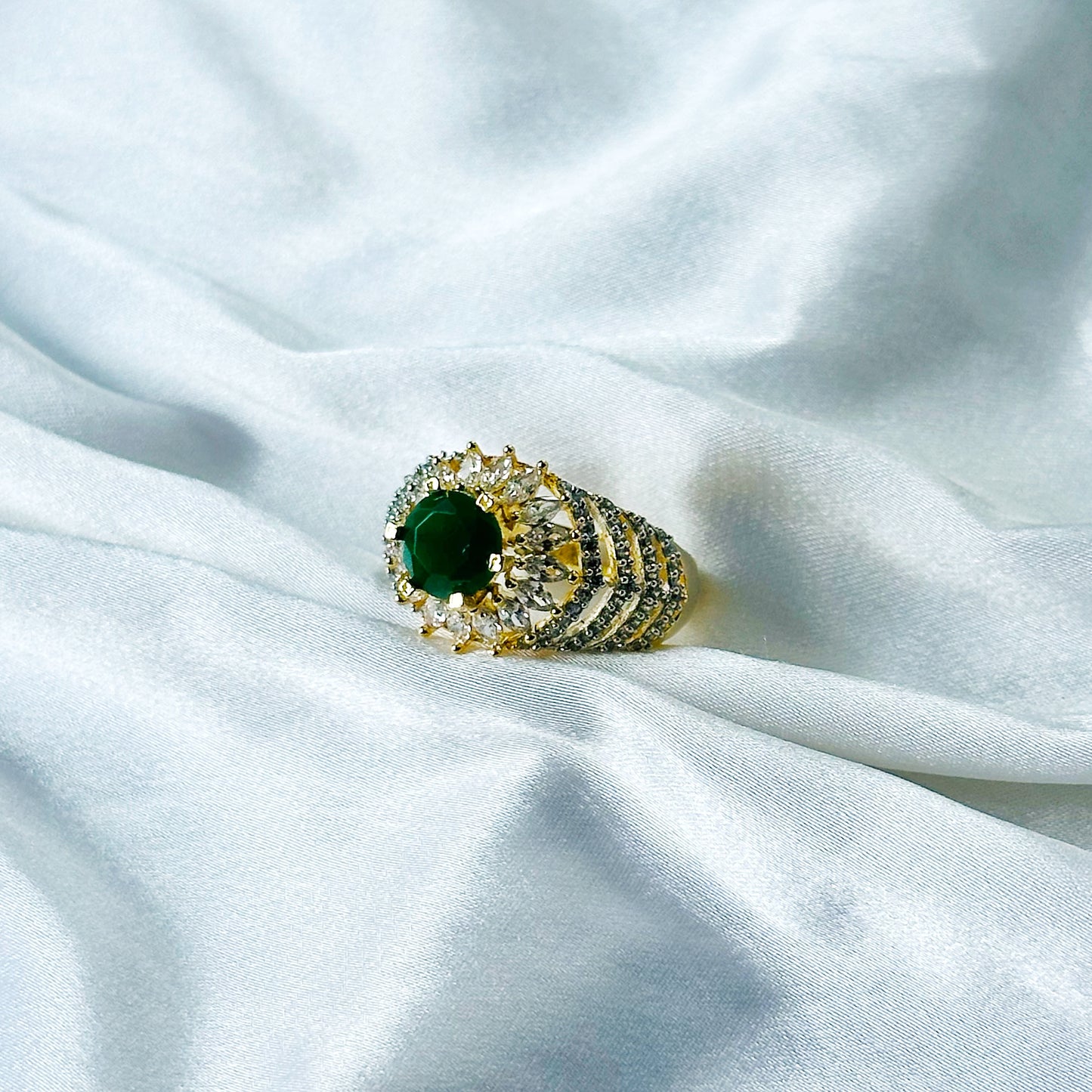 Green Emerald Cubic Zircon American Diamond Gold/Silver Plated Adjustable Ring