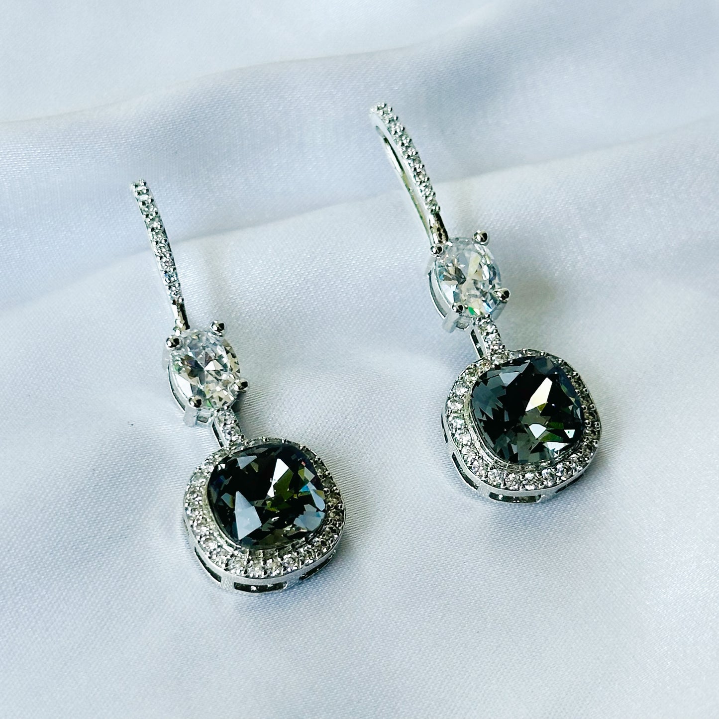 Black Morion Swarovski Crystal American Diamond Silver Plated Earrings
