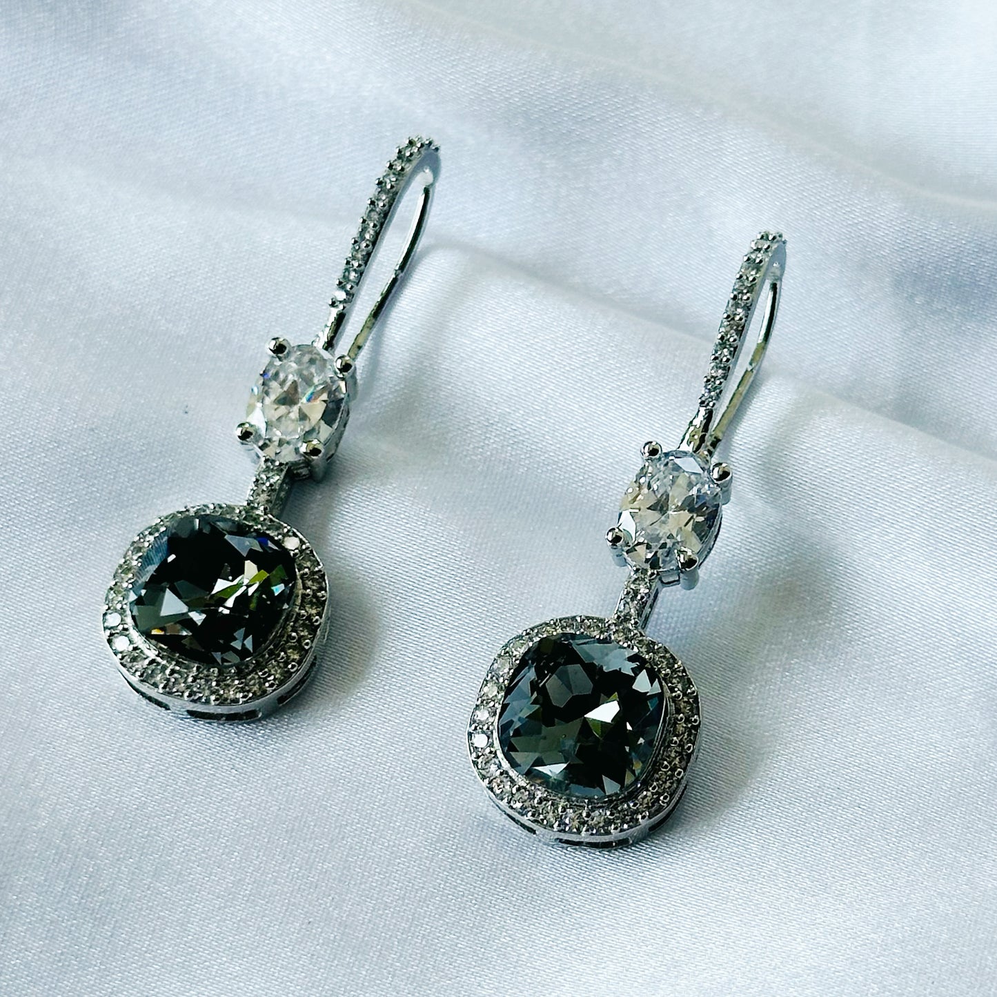 Black Morion Swarovski Crystal American Diamond Silver Plated Earrings