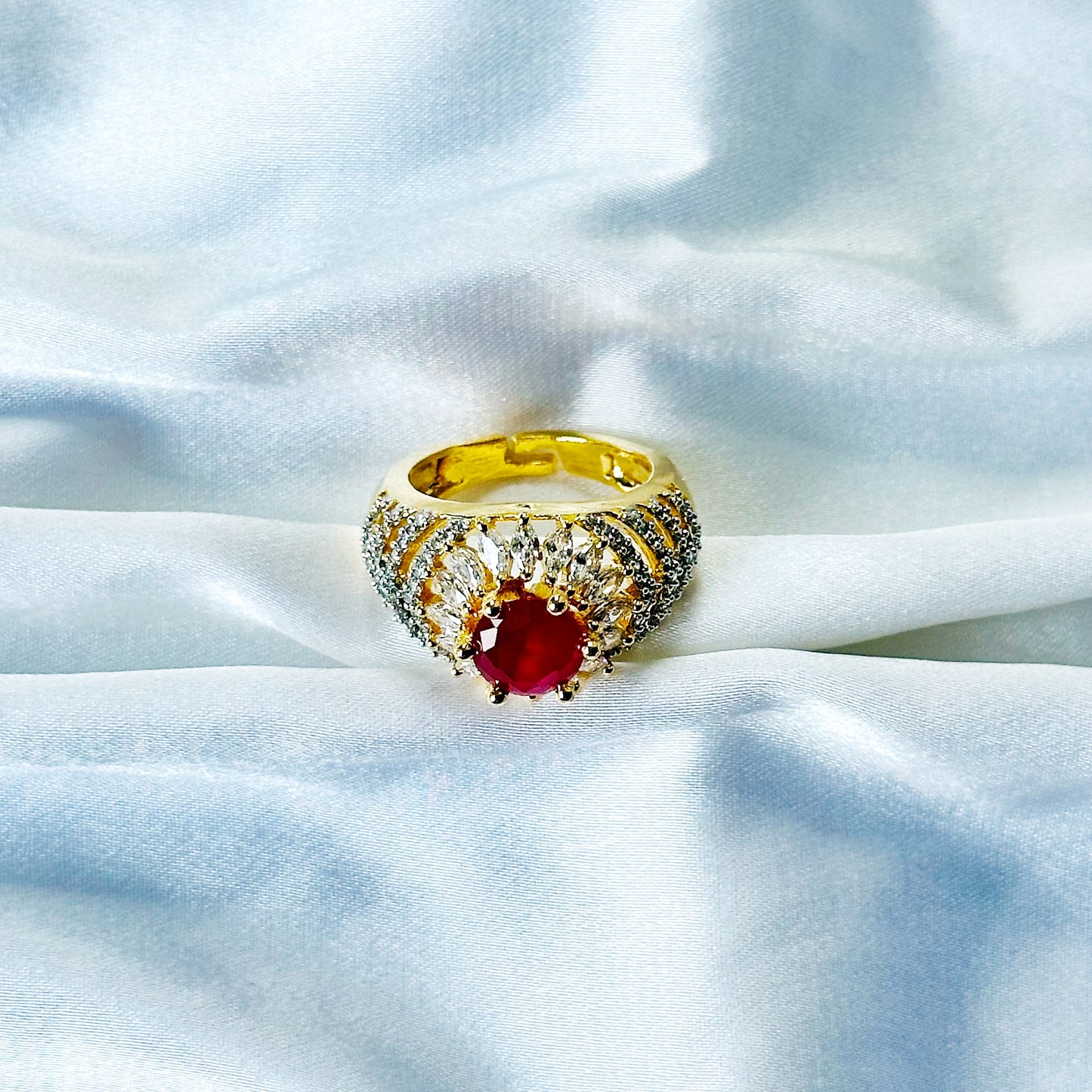 Red Ruby Cubic Zircon American Diamond Gold/Silver Plated Adjustable Ring