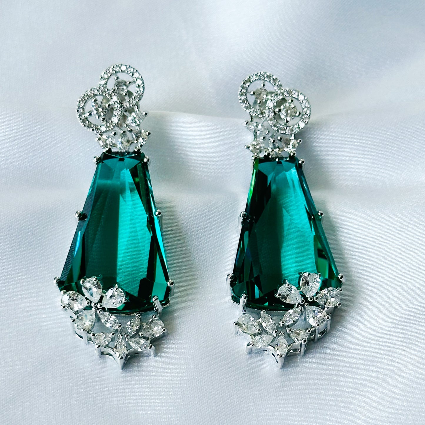 Sea Green Topaz Cubic Zircon American Diamond Silver Plated Earrings