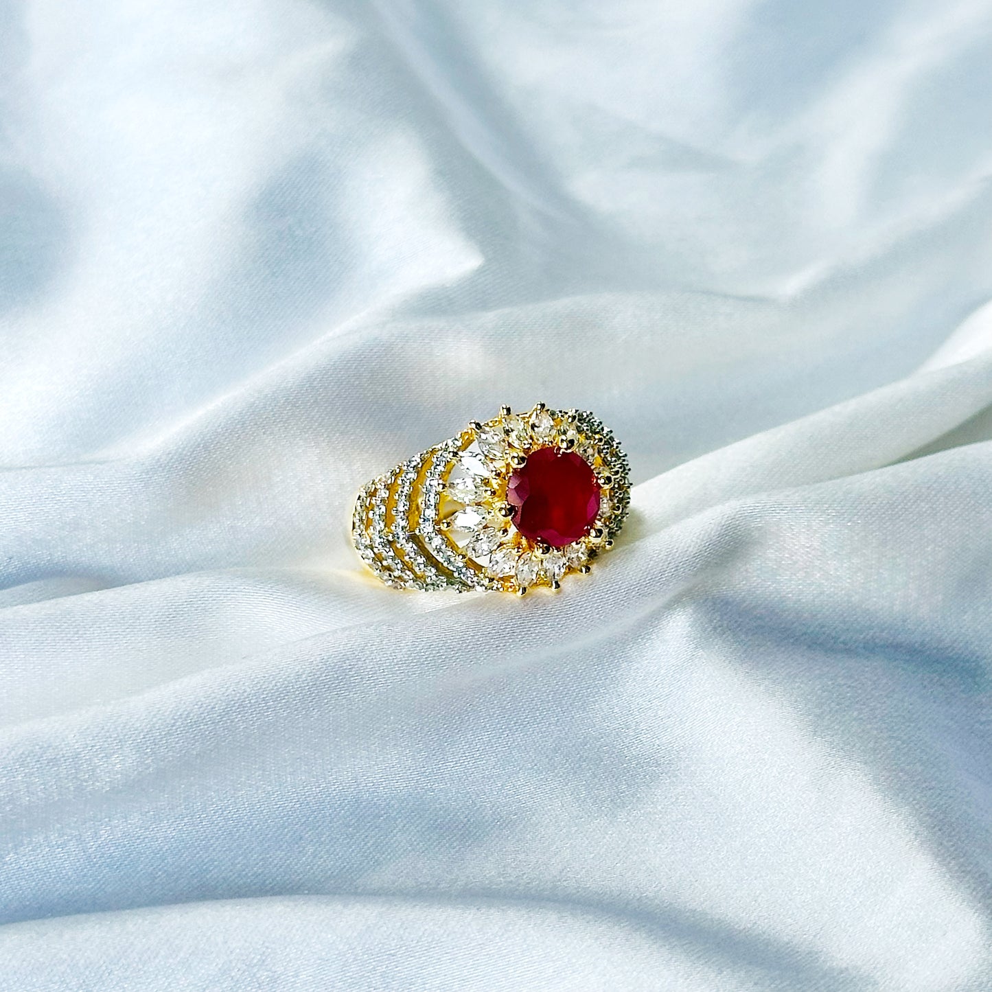Red Ruby Cubic Zircon American Diamond Gold/Silver Plated Adjustable Ring