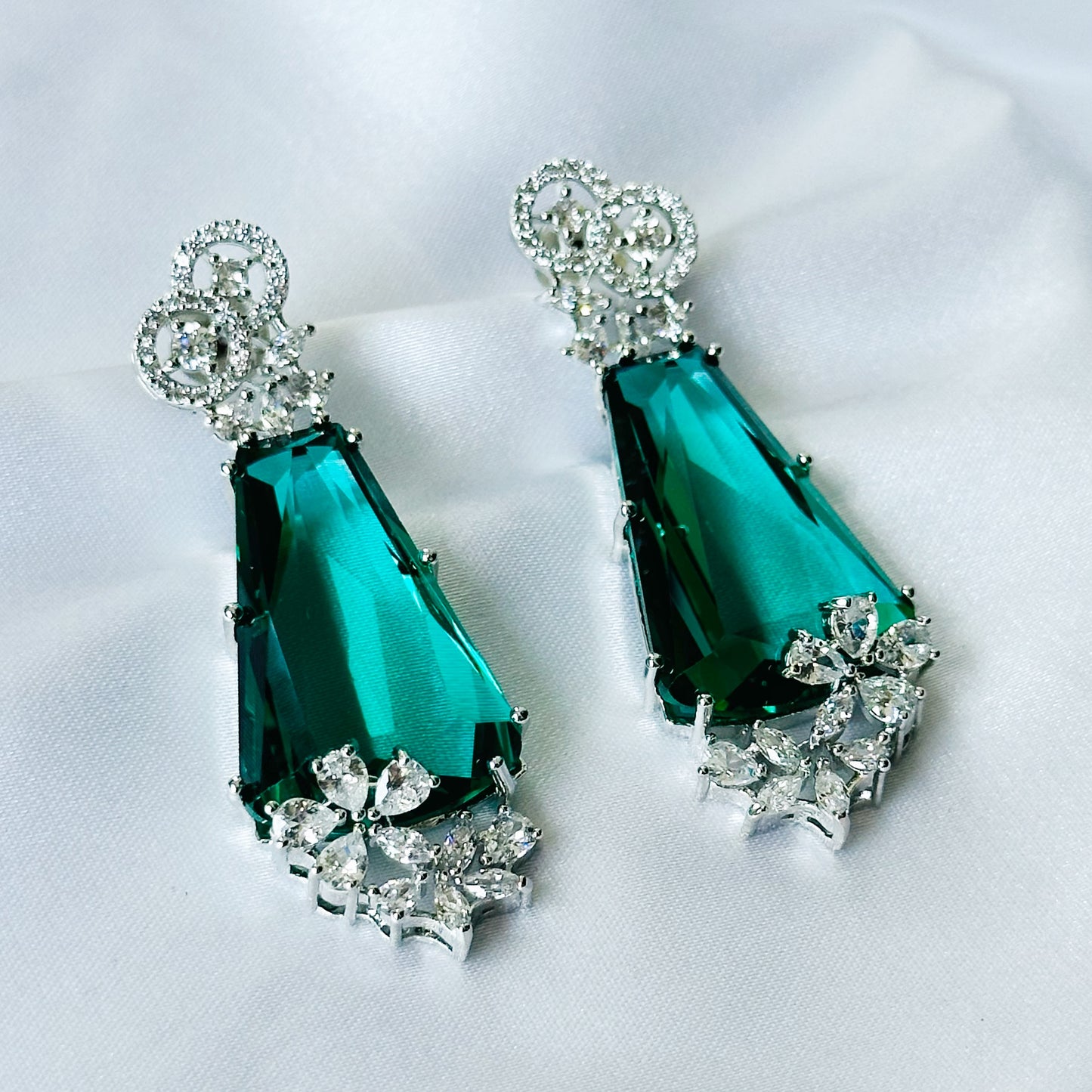 Sea Green Topaz Cubic Zircon American Diamond Silver Plated Earrings