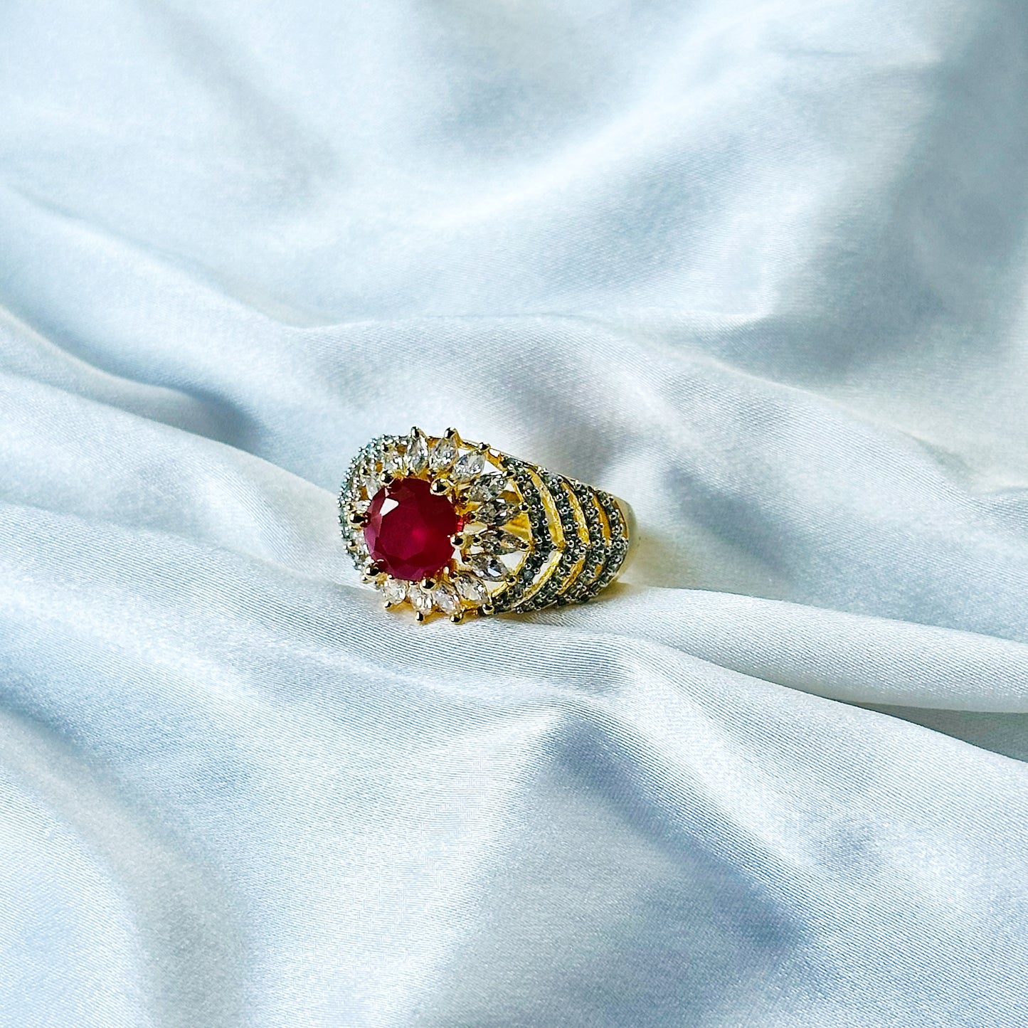 Red Ruby Cubic Zircon American Diamond Gold/Silver Plated Adjustable Ring