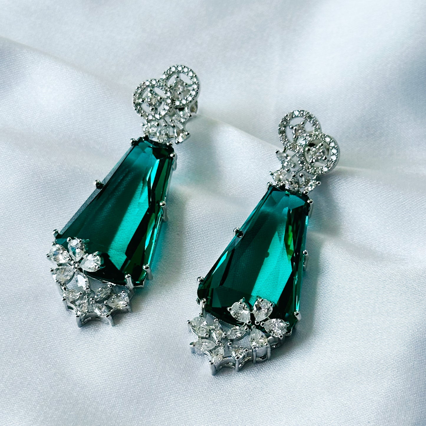 Sea Green Topaz Cubic Zircon American Diamond Silver Plated Earrings