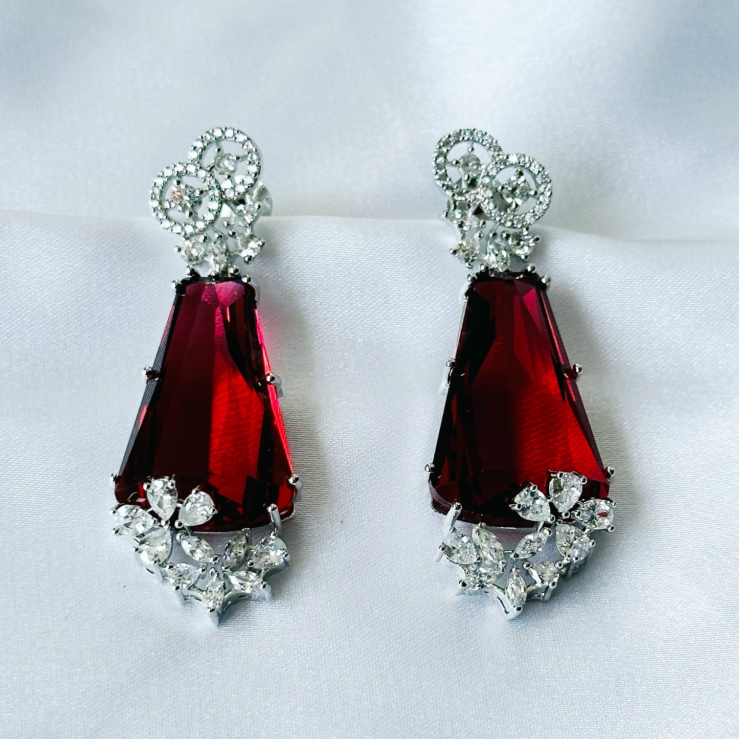 Red Ruby Cubic Zircon American Diamond Silver Plated Earrings
