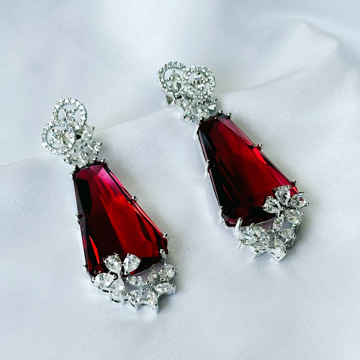 Red Ruby Cubic Zircon American Diamond Silver Plated Earrings