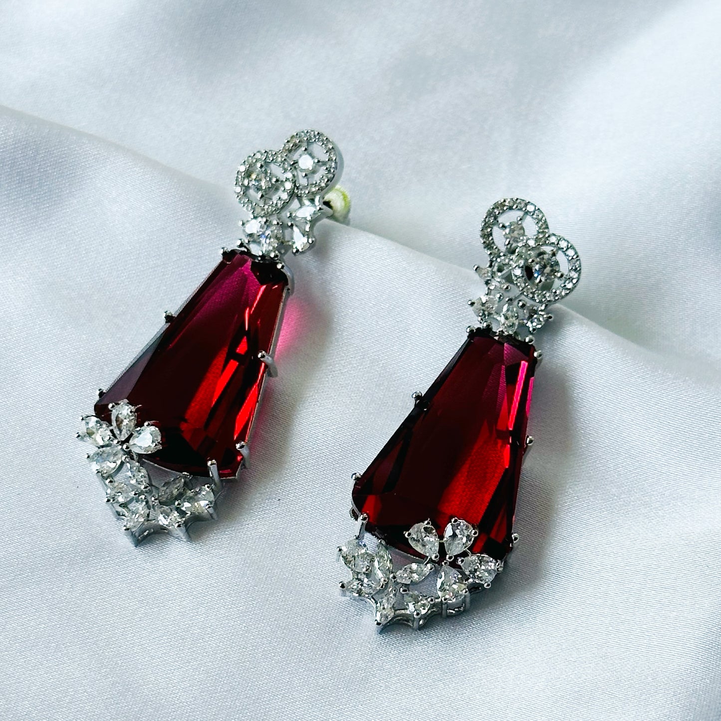 Red Ruby Cubic Zircon American Diamond Silver Plated Earrings