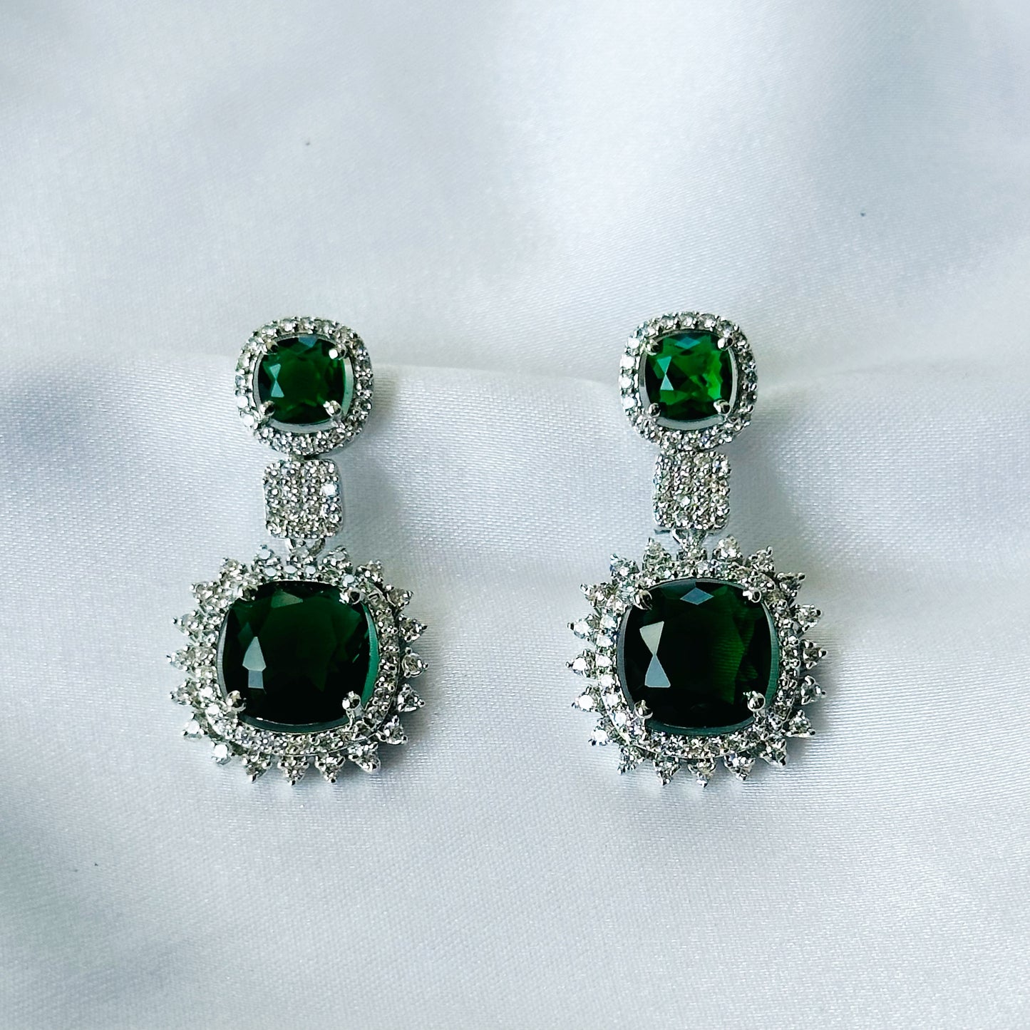 Green Emerald Cubic Zircon American Diamond Silver Plated Earrings