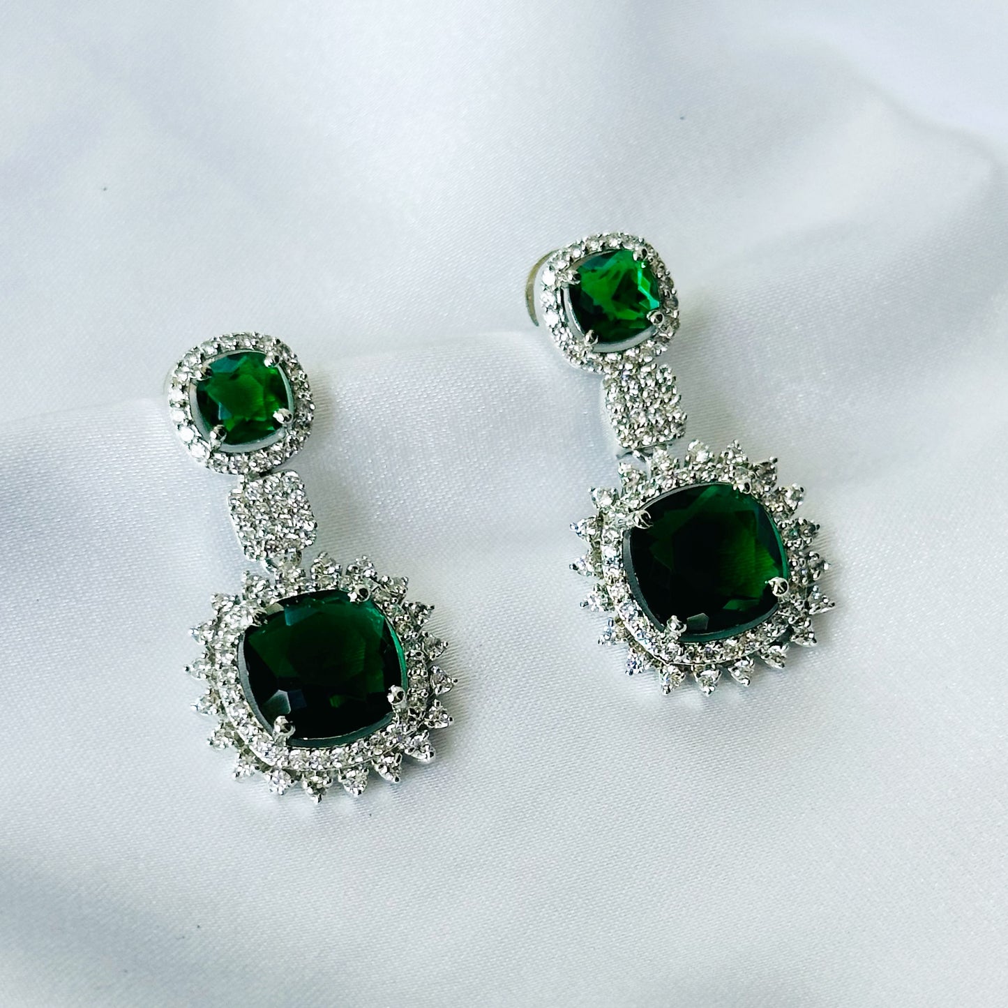 Green Emerald Cubic Zircon American Diamond Silver Plated Earrings