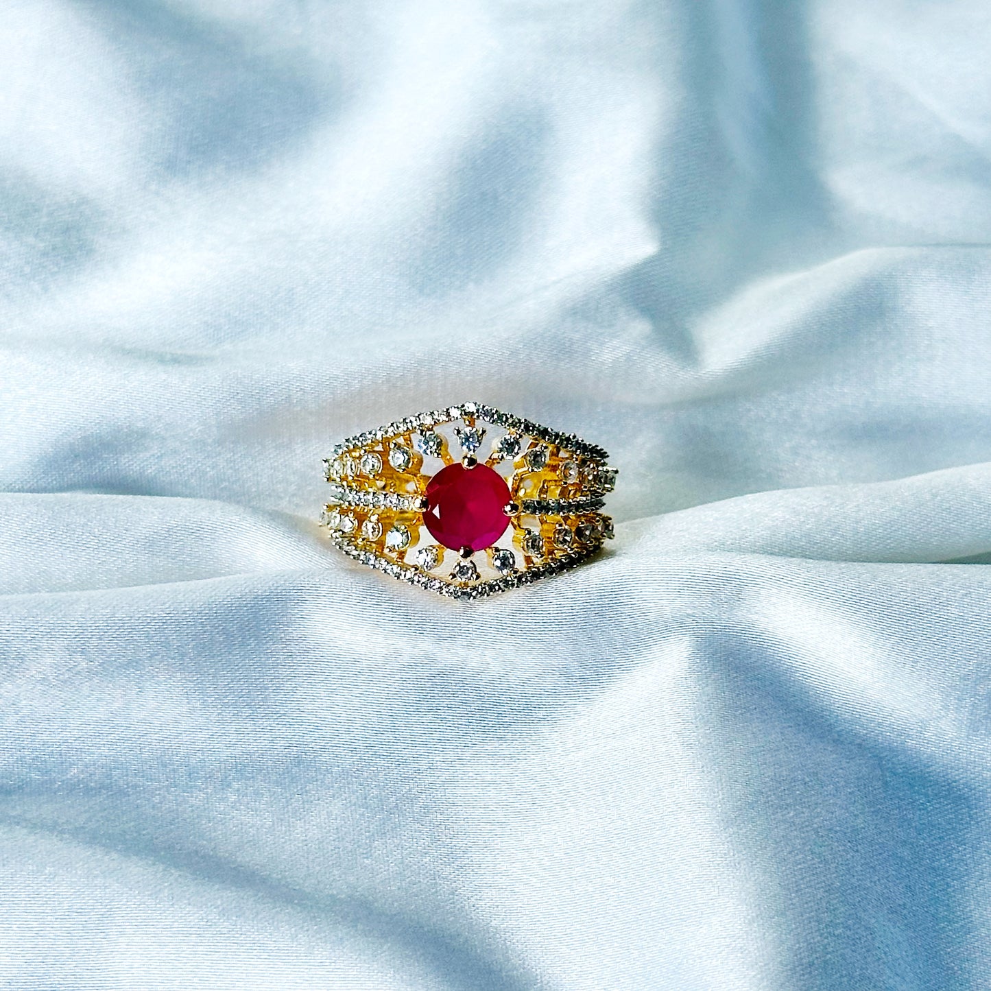 Red Ruby Cubic Zircon American Diamond Gold/Silver Plated Adjustable Ring