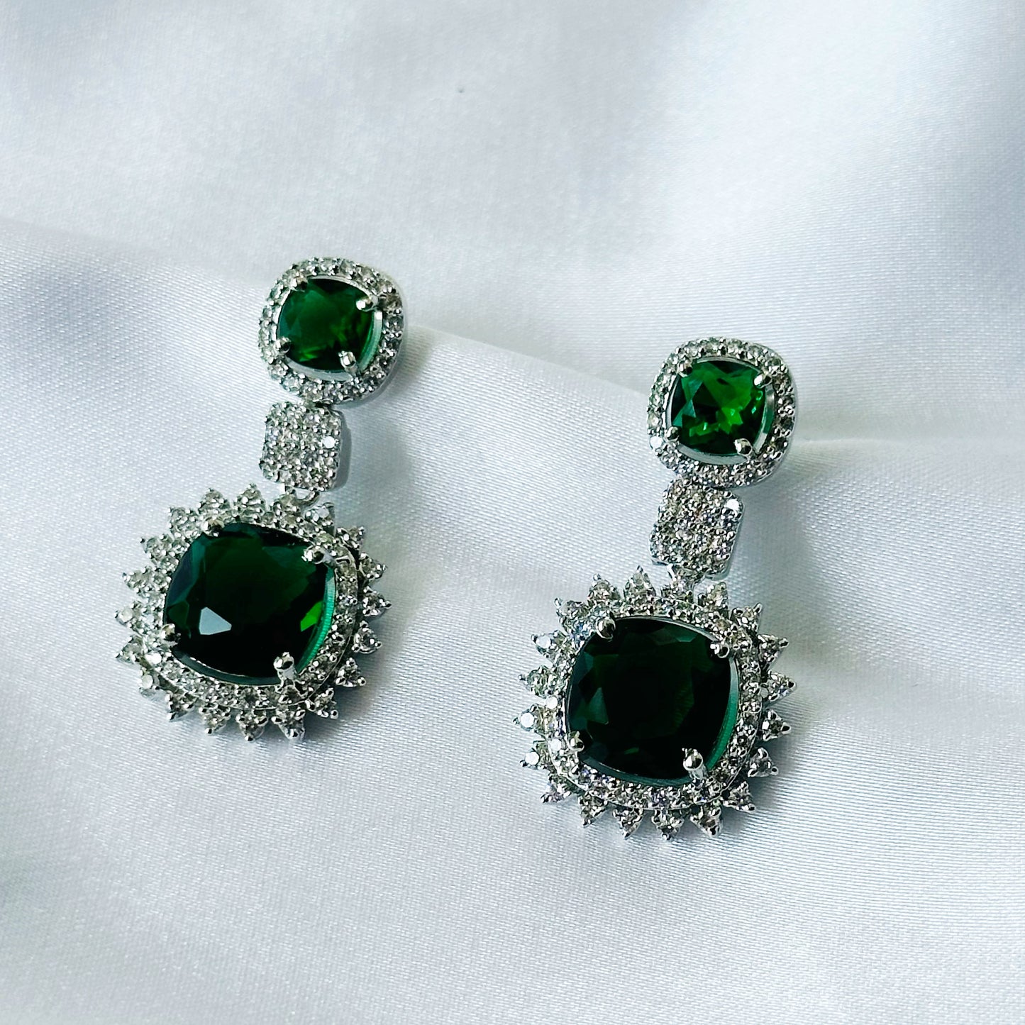 Green Emerald Cubic Zircon American Diamond Silver Plated Earrings