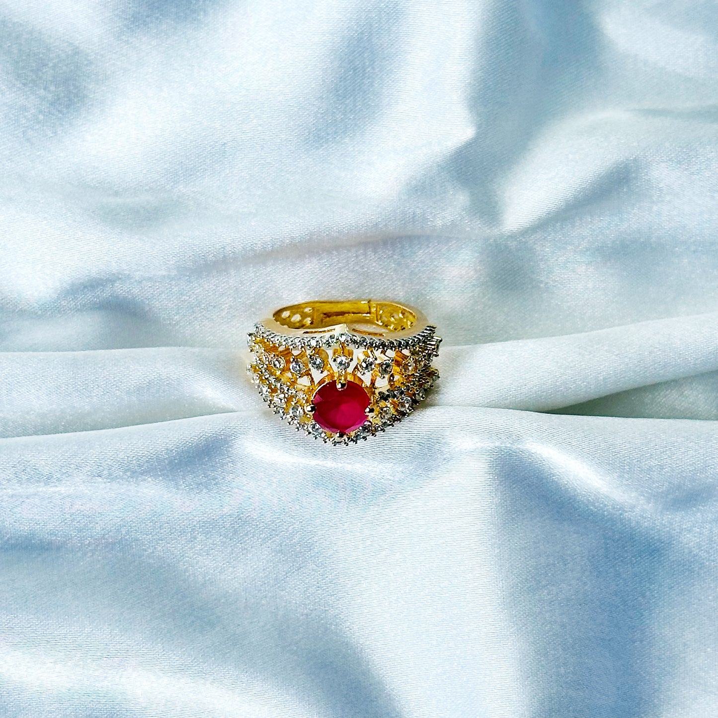 Red Ruby Cubic Zircon American Diamond Gold/Silver Plated Adjustable Ring