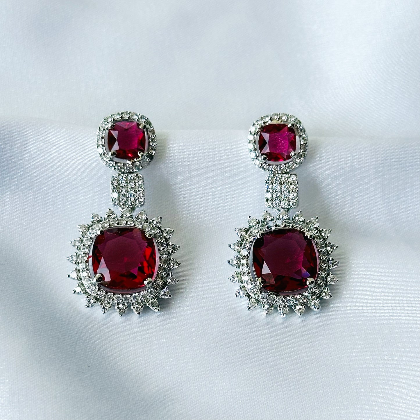 Red Ruby Cubic Zircon American Diamond Silver Plated Earrings
