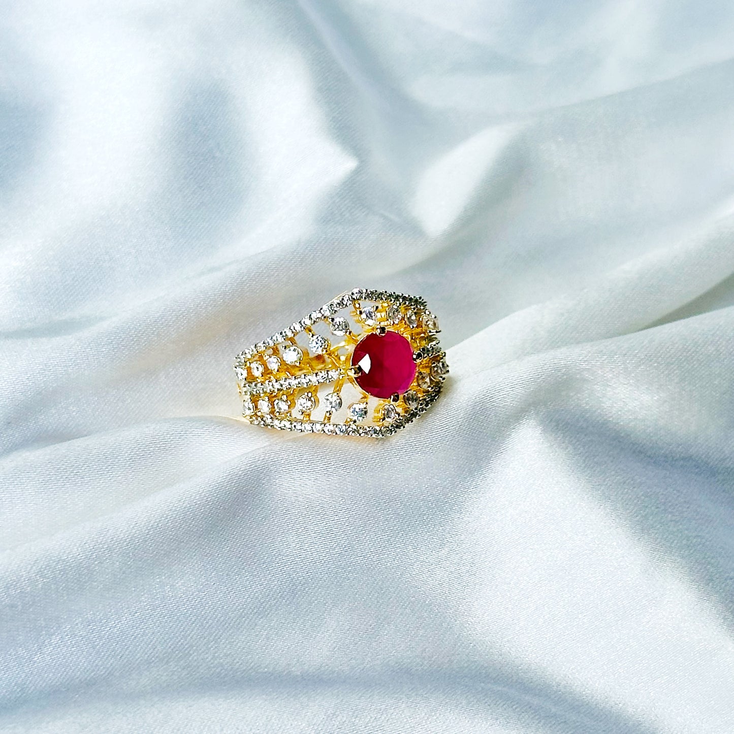 Red Ruby Cubic Zircon American Diamond Gold/Silver Plated Adjustable Ring