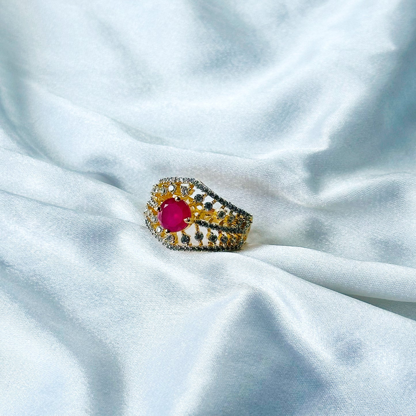 Red Ruby Cubic Zircon American Diamond Gold/Silver Plated Adjustable Ring
