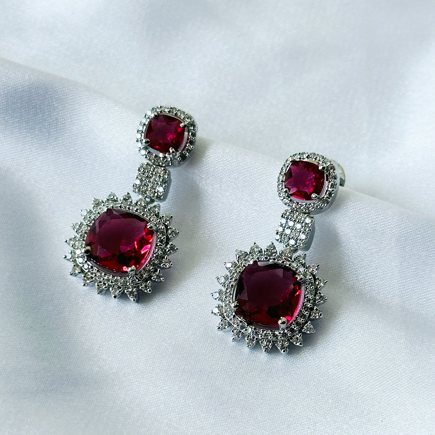 Red Ruby Cubic Zircon American Diamond Silver Plated Earrings
